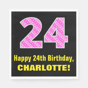 24th Birthday: Pink Stripes and Hearts "24" + Name Napkin