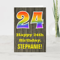 24th Birthday: Rustic Faux Wood Look, Rainbow "24"