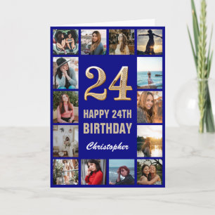 24th Happy Birthday Navy Blue & Gold Photo Collage Card