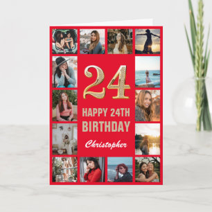 24th Happy Birthday Red and Gold Photo Collage Card