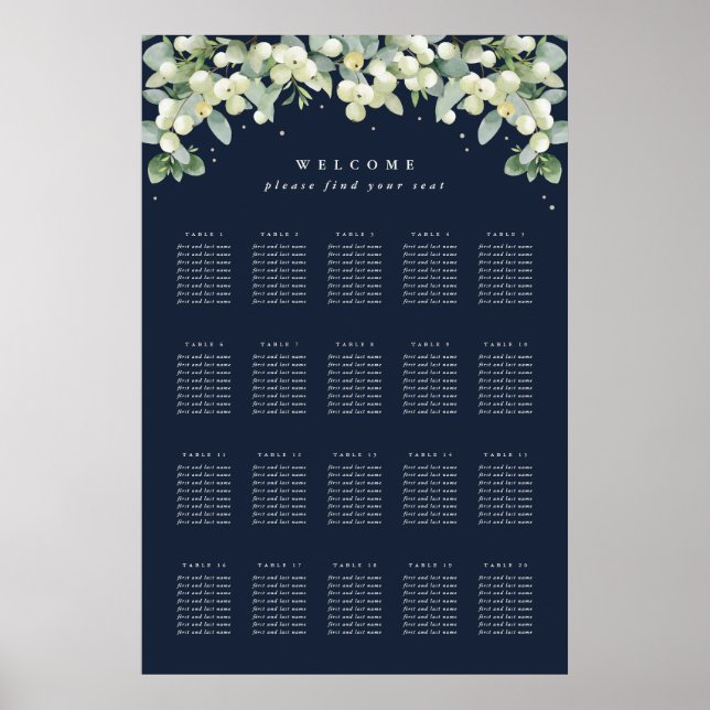 24x36" 20 Tables of 8 Wedding Seating Chart Poster (Front)