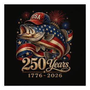 250 America 1776 2026 Bass Fishing USA Flag Poster