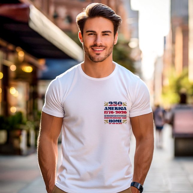 250 America Patriotic Anniversary T-Shirt (A young man wears the America's 250th Anniversary T-shirt designed by The American Family.)