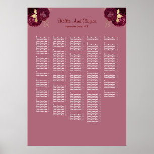 250 Burgundy & Gold Floral Wedding Seating Chart