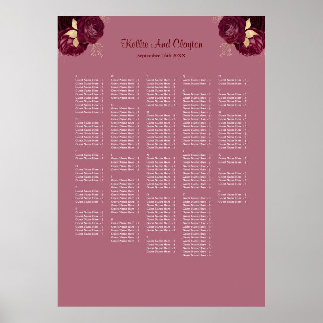 250 Burgundy & Gold Floral Wedding Seating Chart (Front)
