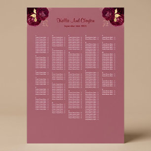 250 Burgundy & Gold Floral Wedding Seating Chart