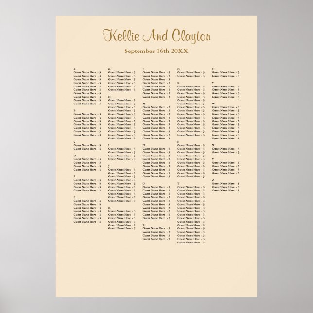 250 Champagne Simple Wedding Seating Chart (Front)