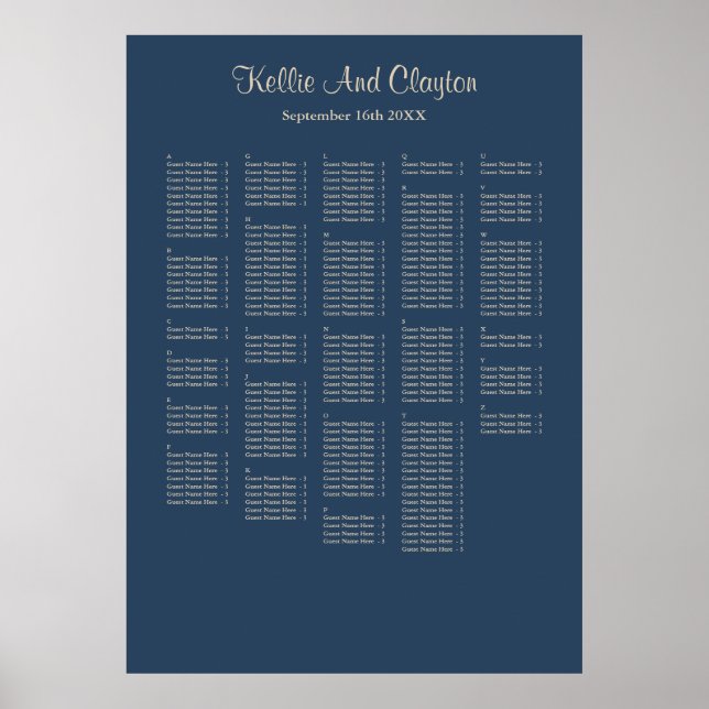 250+ Classic Blue Simple Wedding Seating Chart (Front)