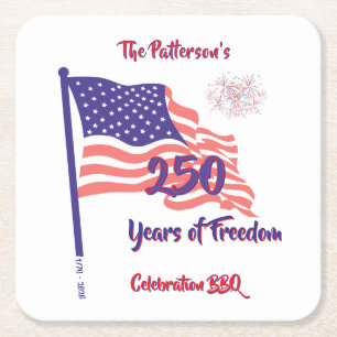 250 Fourth of July Patriotic BBQ Script Square Paper Coaster
