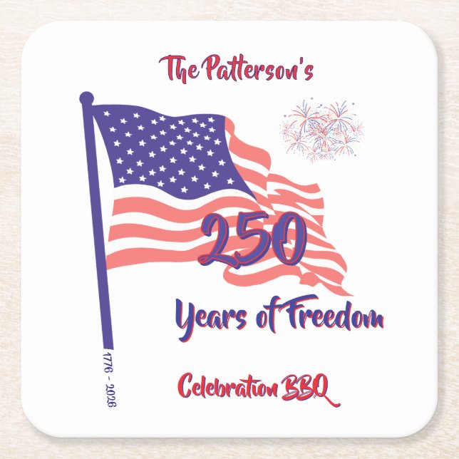 250 Fourth of July Patriotic BBQ  Script Square Paper Coaster (Front)