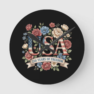 250 Years America Anniversary Flowers USA 250th Bi Round Clock