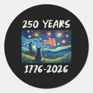 250 Years American Flag 1776-2026 Cat Starry Night Classic Round Sticker