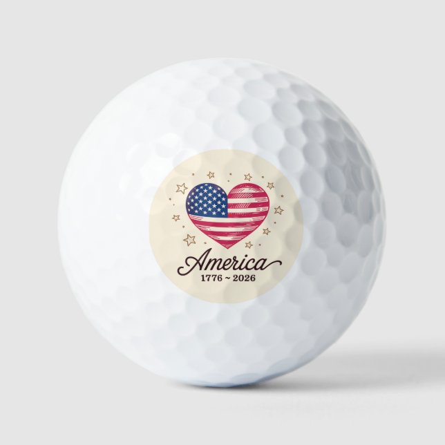 250 Years Flag Heart 1776 2026 250th 4th Of July Golf Balls (Front)