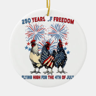 250 Years Funny Chickens Flying High Fireworks 4th Ceramic Ornament