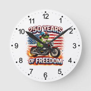 250 Years Of Freedom Patriotic Frog Biker USA Round Clock