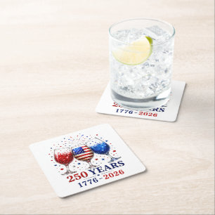 250 Years Patriotic Wine Glass Celebration Square Paper Coaster