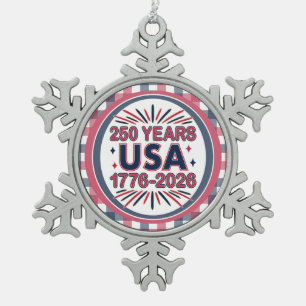 250 Years USA 1776–2026 Semiquincentennial Snowflake Pewter Christmas Ornament