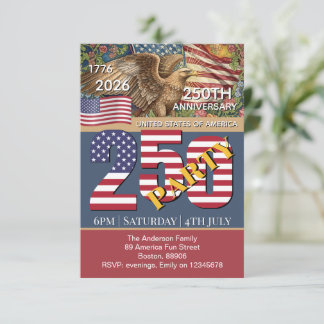 250th Anniversary USA, Patriotic, American Flag Invitation