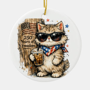 250th Anniversary USA Patriotic Cat Iced Coffee Ceramic Ornament