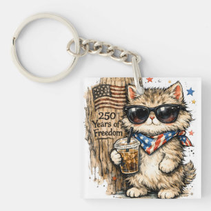 250th Anniversary USA Patriotic Cat Iced Coffee  Key Ring