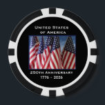 250th Anniversary USA Patriotic Flag Premium Black Poker Chips<br><div class="desc">250th Anniversary 1776 to 2026, United States of America, Premium Black Poker Chips. A great milestone for the USA! Photo of American flags waving in the wind, and patriotic text make this a wonderful keepsake - a once in a lifetime event! On the back, a quote from the declaration of...</div>