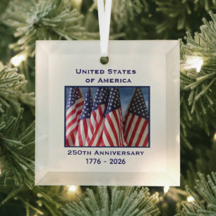 250th Anniversary USA Patriotic Flags Premium Glass Tree Decoration