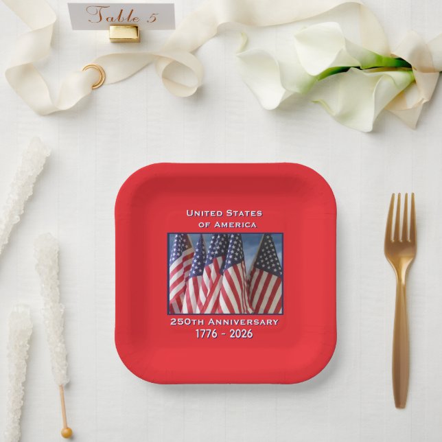 250th Anniversary USA Patriotic Flags Square Paper Plate (Wedding)