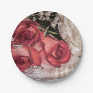 2586-Red & White Wedding Roses w/Rings, Pearls Paper Plate