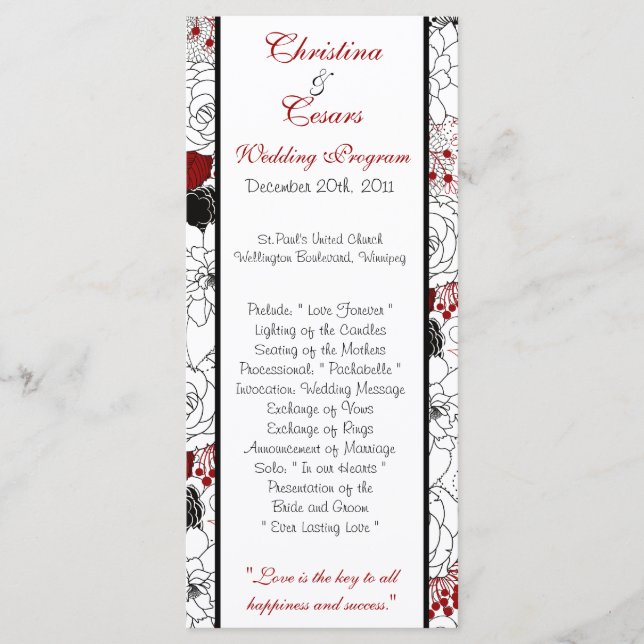 25 4 x 9 Wedding Program Black Flowers Red leaves (Front)