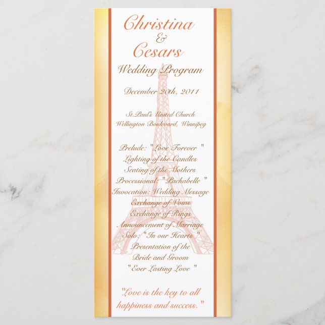 25 4 x 9 Wedding Program Paris Peach (Front)