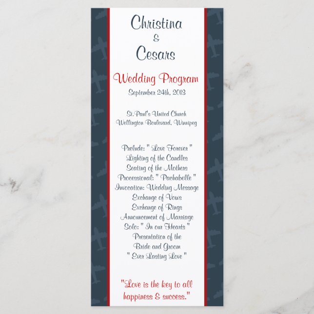 25 4x9 Wedding Program Aeroplane Flight  Blue/Red (Front)
