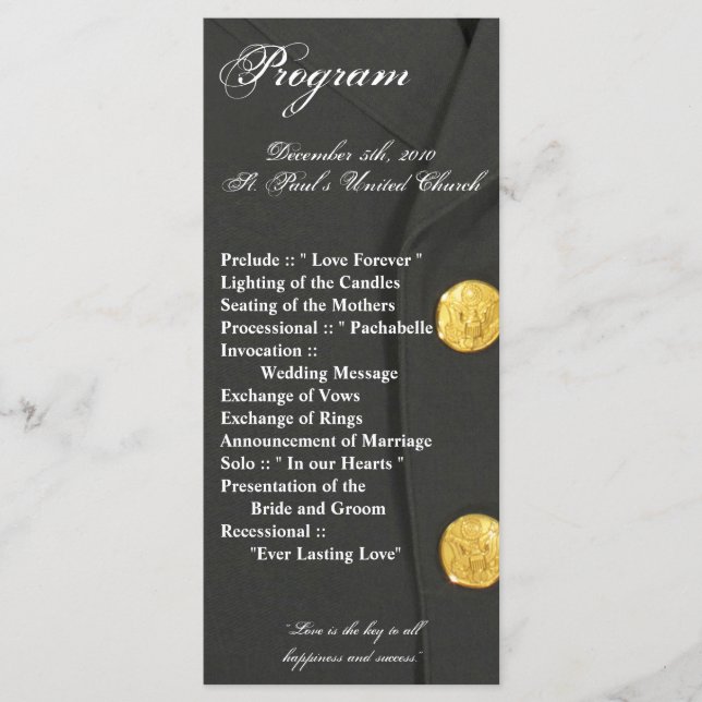 25 4x9 Wedding Program ARMY DRESS GREENS UNIFORM (Front)