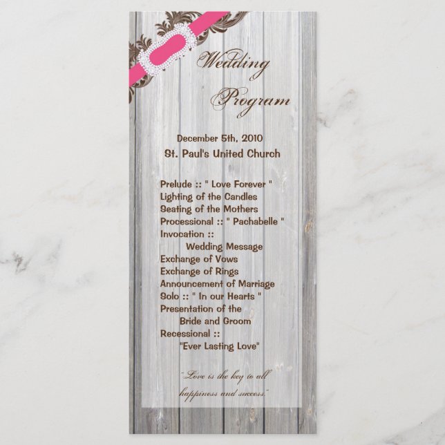 25 4x9 Wedding Program Barn Wood White Wash Rustic (Front)