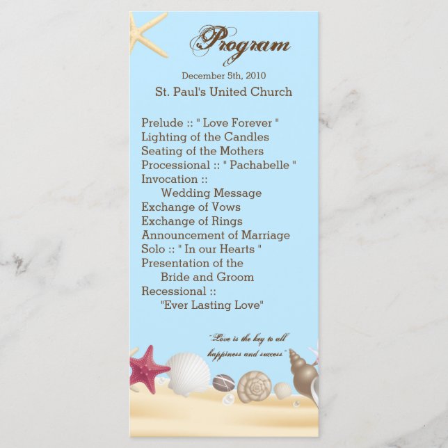 25 4x9 Wedding Program Beach Sea Shells Ocean Sand (Front)