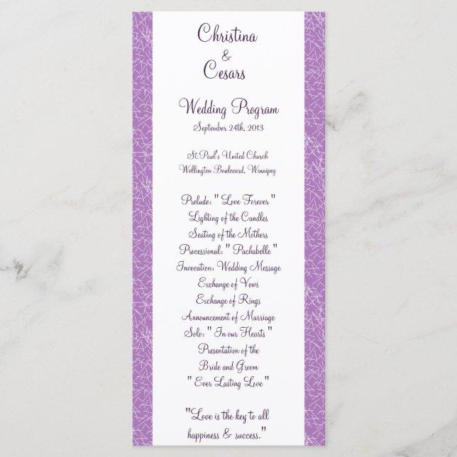 25 4x9 Wedding Program Bird Swing Purple BG hearts (Front)