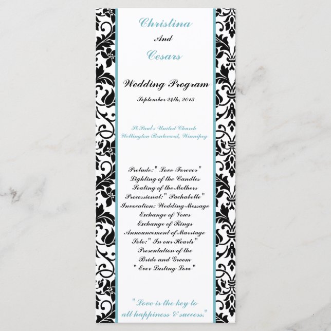 25 4x9 Wedding Program Black Damask Baby Blue (Front)