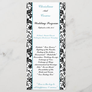 25 4x9 Wedding Program Black Damask Baby Blue