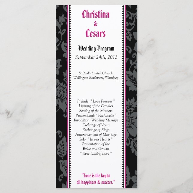 25 4x9 Wedding Program Black Floral Hot Pink Strip (Front)