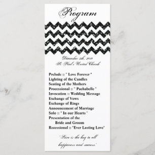 25 4x9 Wedding Program Black Glitter Chevron Zig