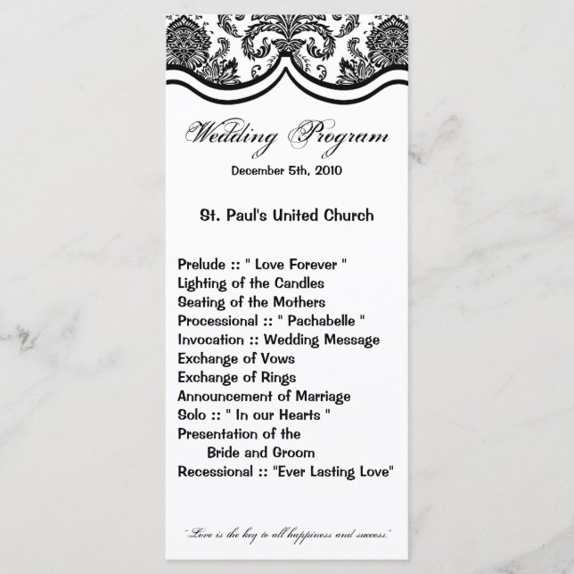 25 4x9 Wedding Program Black White Damask Lace Pri (Front)