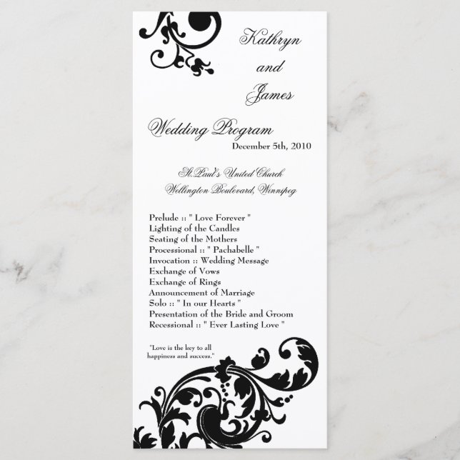 25 4x9 Wedding Program Black White Floral Filigree (Front)