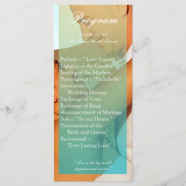 25 4x9 Wedding Program Blue Ombre Sunset Fade Teal (Front)