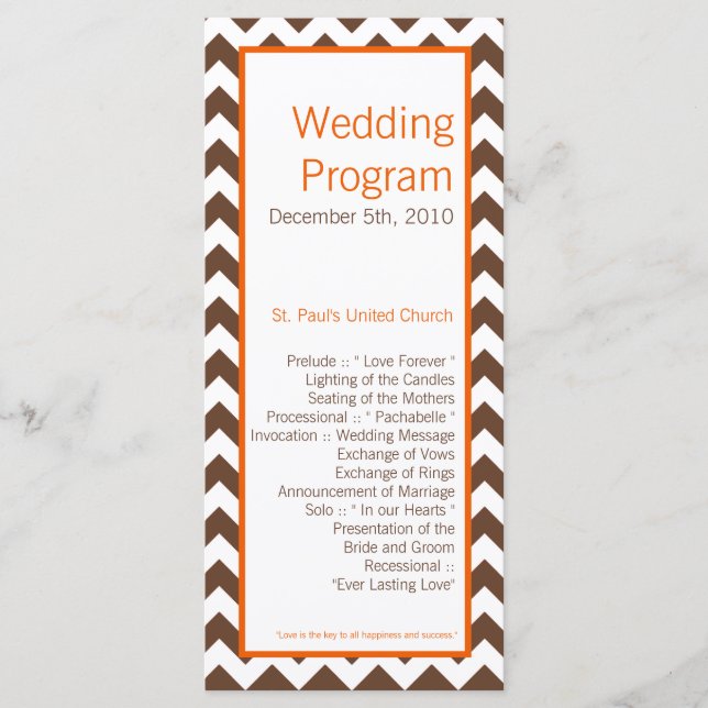 25 4x9 Wedding Program Brown Orange Chevron (Front)