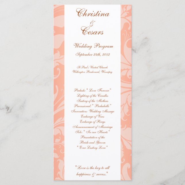 25 4x9 Wedding Program Brown Rose on Pink Floral (Front)