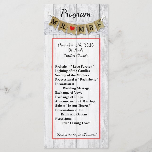 25 4x9 Wedding Program Burlap Mr. and Mrs. Banner (Front)
