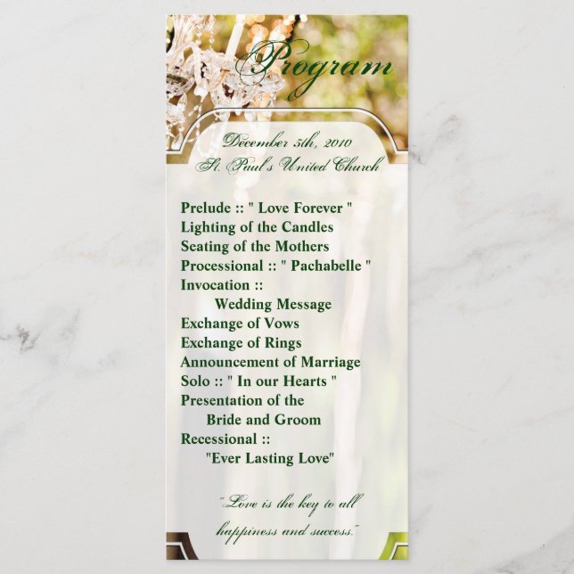 25 4x9 Wedding Program Chandelier in Oak Tree Crys (Front)