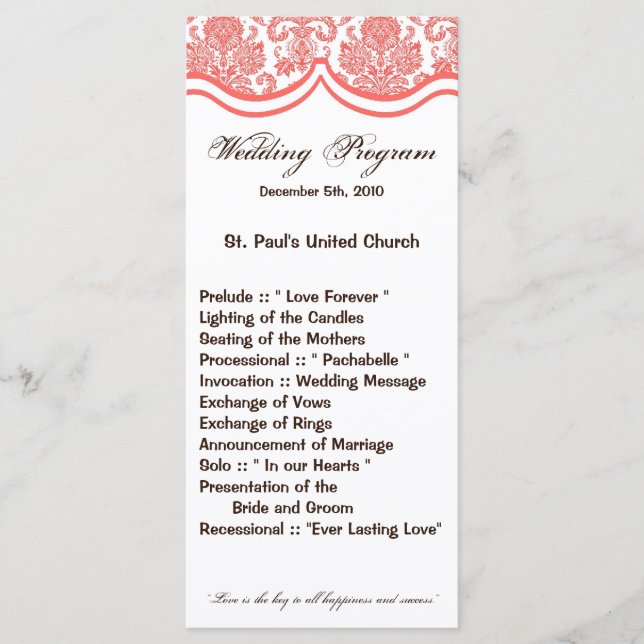 25 4x9 Wedding Program Coral Pin White Damask Lace (Front)