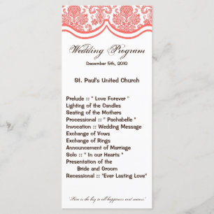 25 4x9 Wedding Program Coral Pin White Damask Lace