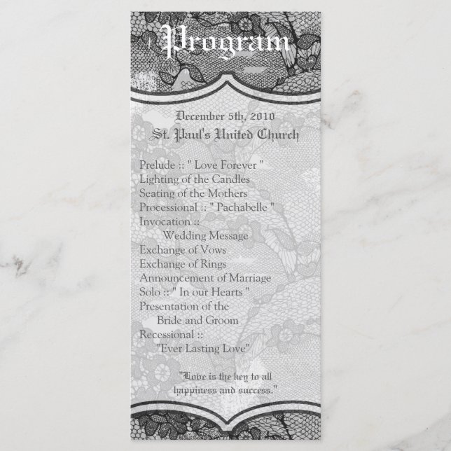 25 4x9 Wedding Program Country Black Lace Print (Front)