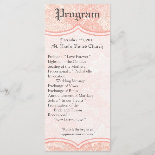 25 4x9 Wedding Program Country Coral Lace Print (Front)